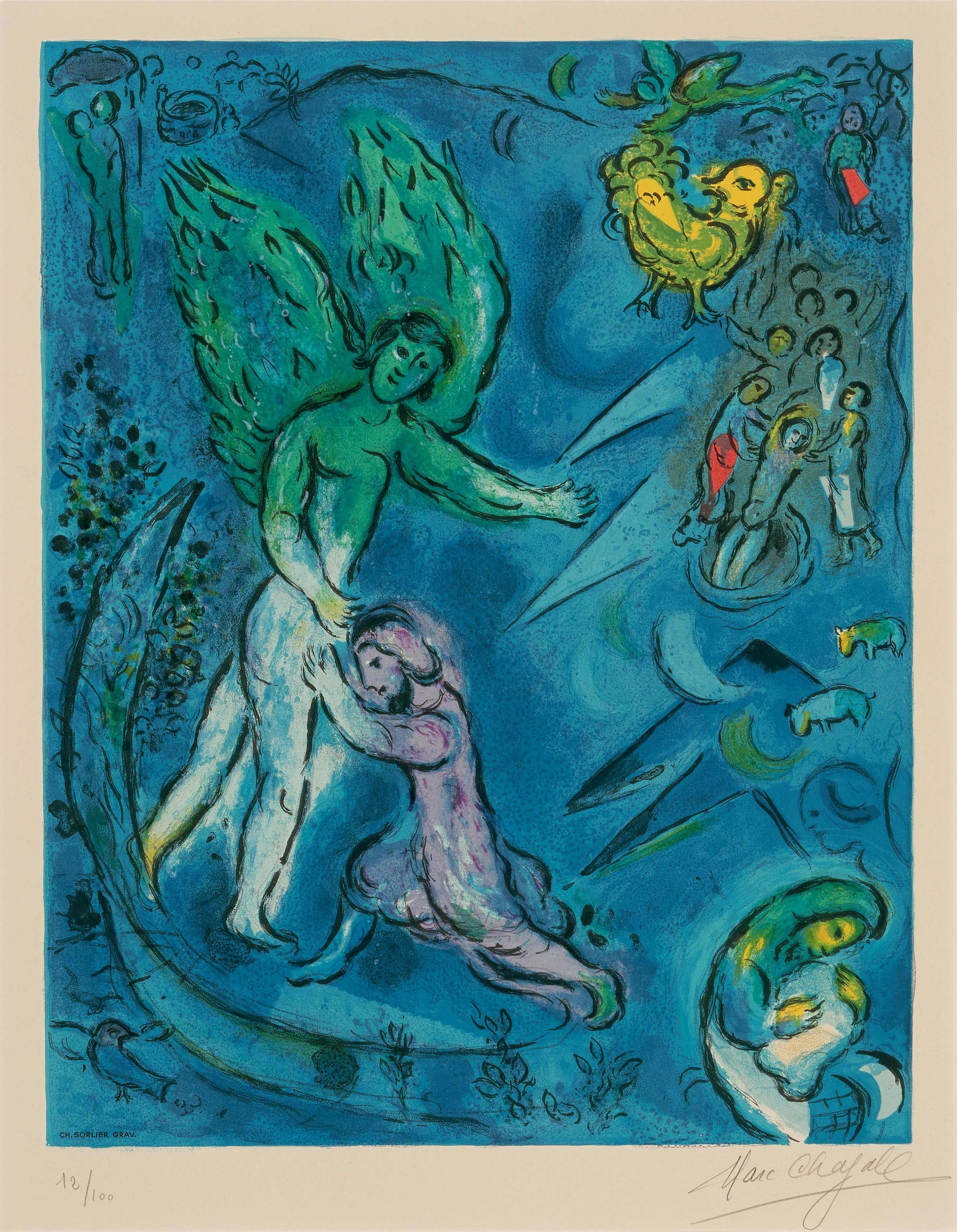 Une peinture en ton bleu. Sur la gaucne, un homme ailé, très grand. Un homme plus petit barbu, de ton violet semble essayer de le pousser en le tenant à la hanche. Sur la droite un oiseau, une foule jetant un homme dans un puits, deux boeufs et une femme tenant un nourisson.